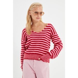 Trendyol Red Striped V-Neck Knitwear Sweater