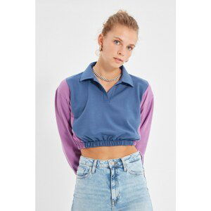 Trendyol Navy Blue Polo Neck Pleated Crop Knitted Sweatshirt