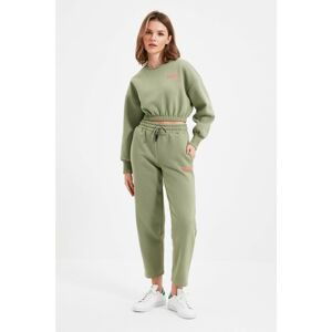 Trendyol Dark Mint Petite Printed Crop Knitted Tracksuit Set