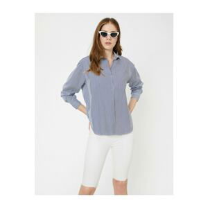 Koton Women's Blue Long Sleeve Classic Collar Striped Shirt