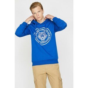 Koton Men's Blue Hooded Long Sleeve Printed Sweatshirt
