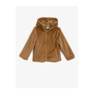 Koton Girl's Brown Hooded Zippered Plush Coat