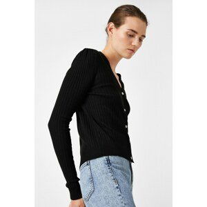 Koton Women's V-Neck Buttoned Black Cardigan