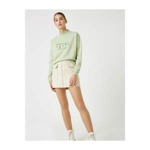 Koton Women's Green Cotton Stand-up Collar Printed Sweatshirt