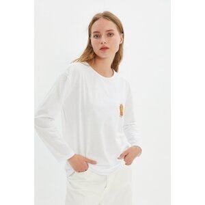 Trendyol White Long Sleeve Front and Back Printed Basic Knitted T-Shirt
