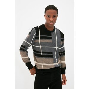 Trendyol Black Men's Crew Neck Regular Fit Plaid Knitwear Sweater