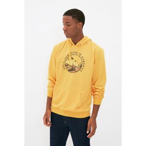 Trendyol Mustard Men Regular Fit Hooded Long Sleeve Printed Sweatshirt