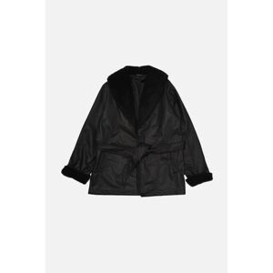 Trendyol Black Belted Plush Fur Detailed Faux Leather Coat