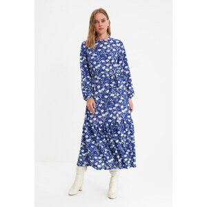 Trendyol Blue Crew Neck Belted Both Knitted Dress