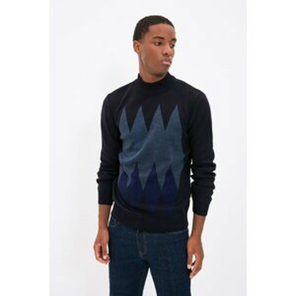 Trendyol Navy Blue Men's Slim Fit Half Turtleneck Baklava Knitwear Sweater