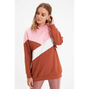 Trendyol Brown Crew Neck Color Block Knitted Sweatshirt