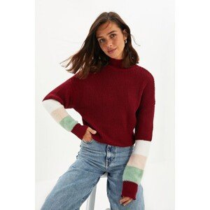 Trendyol Claret Red Color Block Stand Up Knitwear Sweater