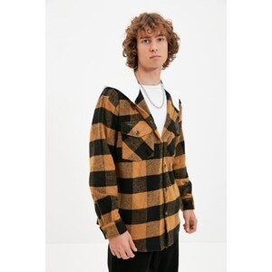 Trendyol Camel Mens Oversize Hooded Double Pocket Covered Plaid Lumberjack Shirt