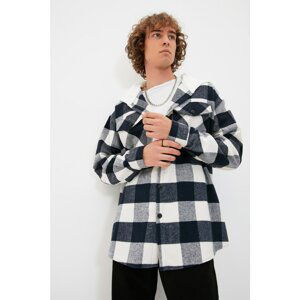 Trendyol Navy Blue Men's Oversize Hooded Double Pocket Covered Plaid Lumberjack Shirt