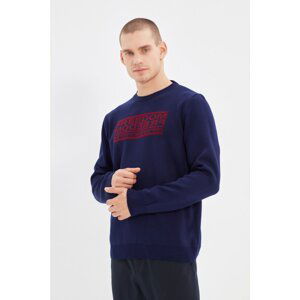 Trendyol Light Navy Blue Men's Crew Neck Slogan Slim Fit Knitwear Sweater