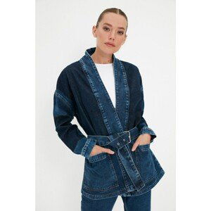 Trendyol Blue Belted Color Block Oversize Denim Jacket