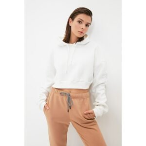 Trendyol Ecru Sleeves Ruffle Detailed Hooded Crop Thick Knitted Sweatshirt