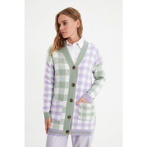 Trendyol Mint-Lilac Color Block Checkerboard Pattern Long Knitwear Cardigan