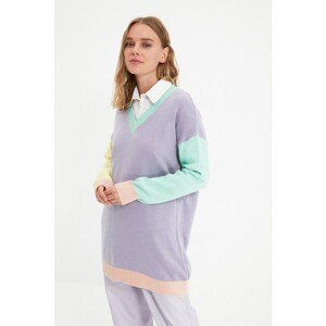 Trendyol Lilac V-Neck Color Block Knitwear Sweater