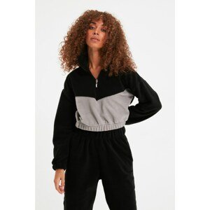 Trendyol Black Crop Color Block Fleece Knitted Sweatshirt