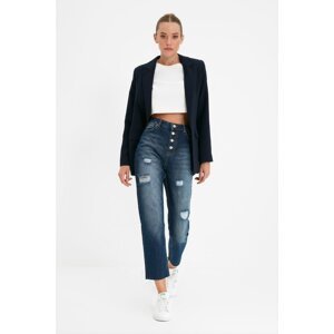 Trendyol Blue Front Button Ripped High Waist Mom Jeans