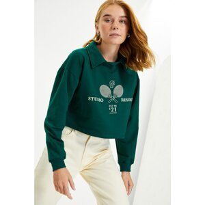 Trendyol Emerald Green Polo Neck Printed Crop Knitted Sweatshirt