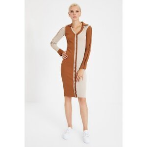 Trendyol Camel Stitch Detailed Color Block Corduroy Knitted Dress