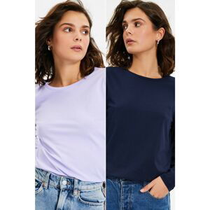 Trendyol Navy Blue-Lilac 2-Pack Crew Neck Long Sleeve Basic Knitted T-Shirt