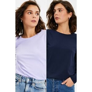 Trendyol Navy Blue-Lilac 100% Cotton Pack of 2 Basic Crew Neck Knitted T-Shirt