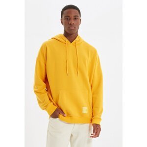 Trendyol Men's Yellow Basic Hooded Oversized Sweatshirt with Labels and a Soft Pile Inside Cotton