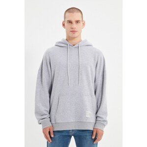 Trendyol Basic Gray Oversize/Wide-Fit Hooded Labeled Fleece Inner Cotton Sweatshirt