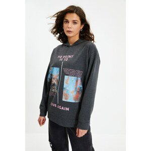 Trendyol Anthracite Printed Hoodie Boyfriend Knitted Sweatshirt