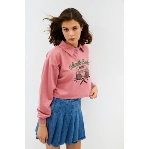 Trendyol Dried Rose Polo Collar Printed Crop Knitted Sweatshirt
