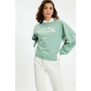 Trendyol Mint Hooded Printed Basic Knitted Sweatshirt