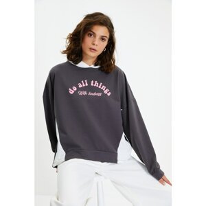Trendyol Anthracite Hooded Printed Basic Knitted Sweatshirt