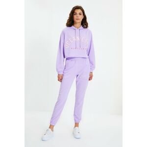 Trendyol Lilac Printed Crop and Basic Jogger Knitted Tracksuit Set