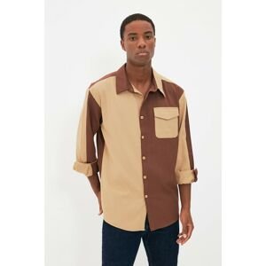 Trendyol Camel Men's Relax Fit Shirt Collar Color Block Single Pocket Covered Shirt