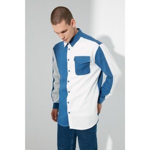 Trendyol Navy Blue Men's Relax Fit Shirt Collar Long Sleeve Color Block Single Pocket Covered Shirt