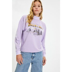 Trendyol Lilac Loose Stand Up Collar Printed Knitted Slim Sweatshirt