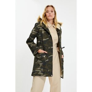 Trendyol Khaki Hooded Camouflage Patterned Plush Detailed Coat