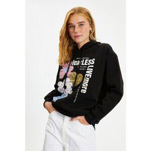 Trendyol Black Printed Hoodie Boyfriend Knitted Raised Sweatshirt