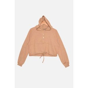 Trendyol Light Brown Buttoned Hooded Crop Knitted Slim Sweatshirt