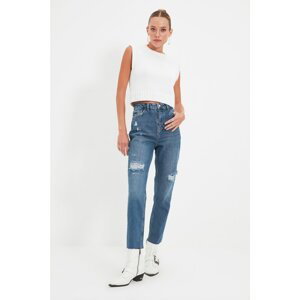 Trendyol Blue Ripped Detailed High Waist Mom Jeans