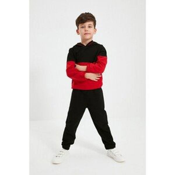 Trendyol Black Color Block Hooded Boy Knitted Thin Tracksuit Set