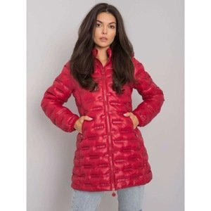 Women's red quilted jacket with a hood