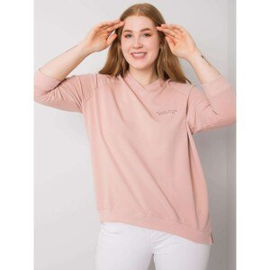 Powder pink sweatshirt of larger size with V-neck.