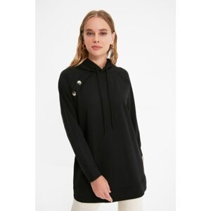 Trendyol Black Hooded Button Detailed Knitted Sweatshirt