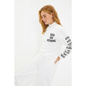 Trendyol Ecru Printed Stand Up Loose Knitted Raised Sweatshirt