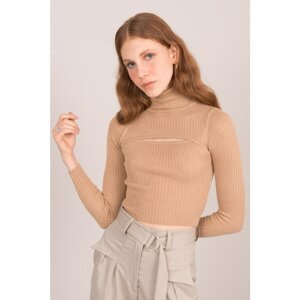 BSL Camel ribbed turtleneck with cut-out