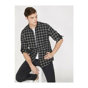 Koton Men's Black Classic Collar Long Sleeve Checkered Shirt